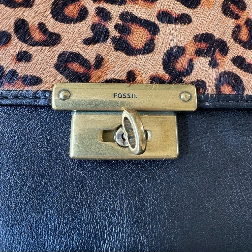 Fossil Black Leather Clutch Handbag Leopard Print - image 3